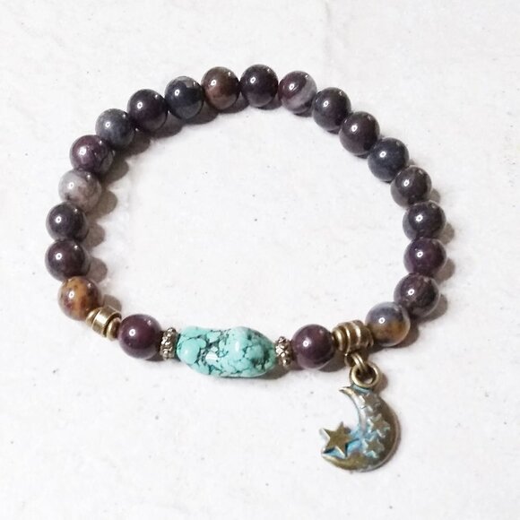 A Bit Hippie & A Bit Boho! Semi-Precious Stones Bracelet w. Moon Charm! 8" Wrist - Picture 1 of 13